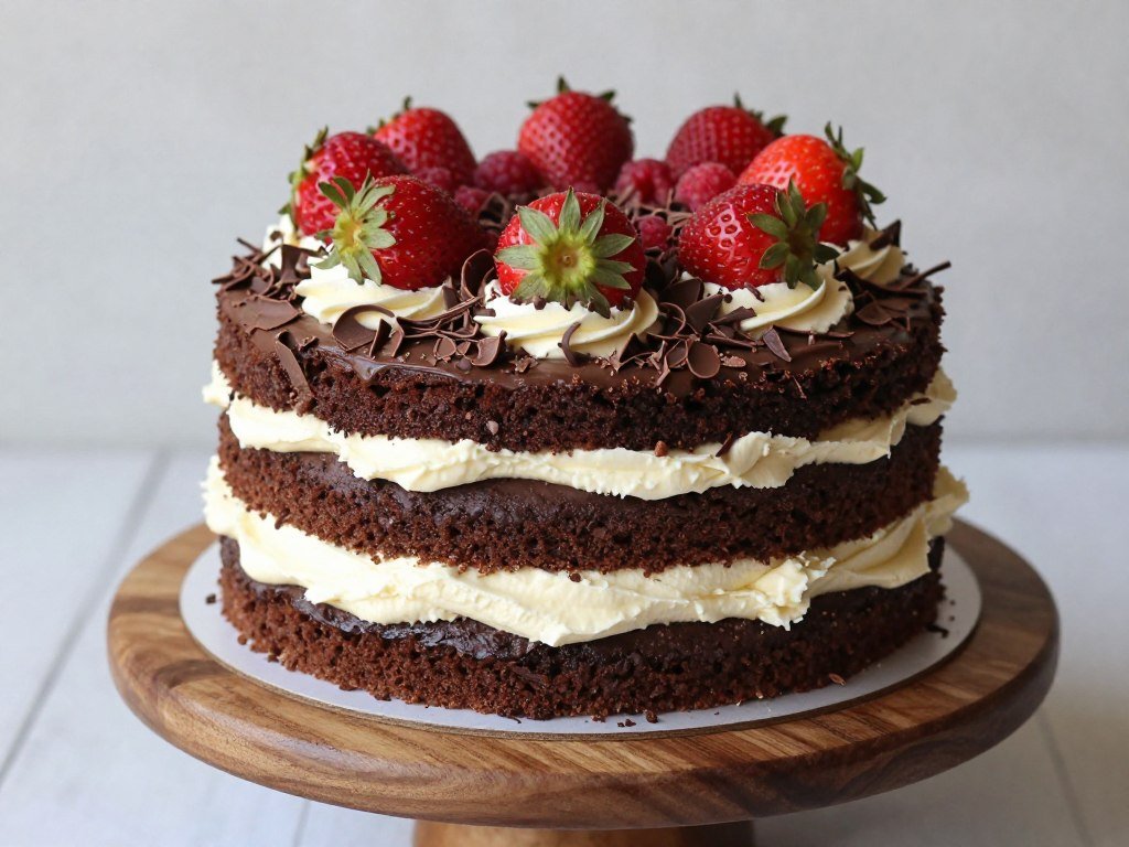 naked chocolate layer cake with exposed sides and berry decoration