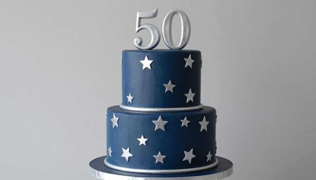 navy blue 50th birthday cake with silver decorations