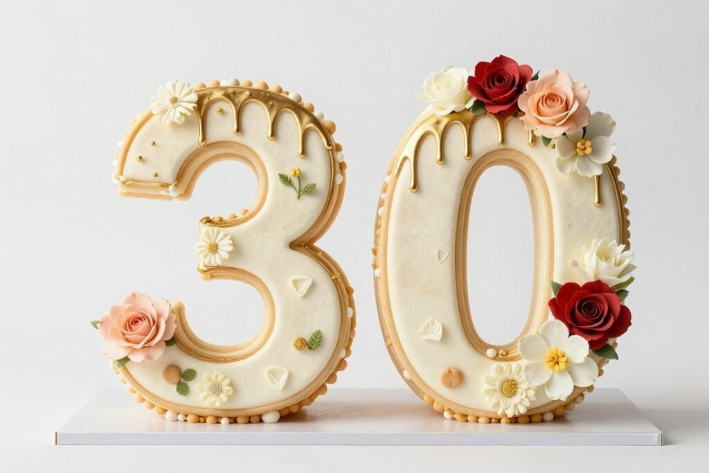 number 30 shaped birthday cake with floral decorations