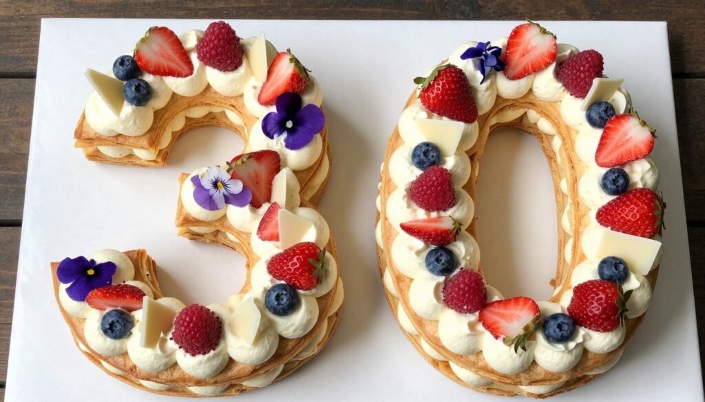 number 30 shaped cake decorated with flowers and cream