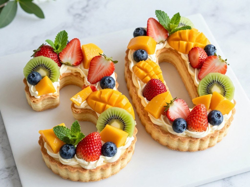 number cake topped with colorful fresh fruits