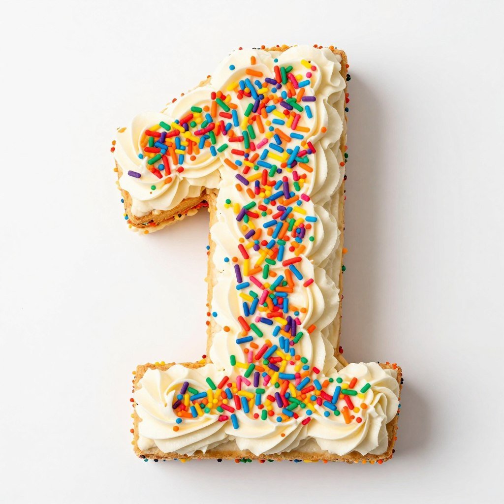 number one cake decorated with colorful sprinkles and buttercream