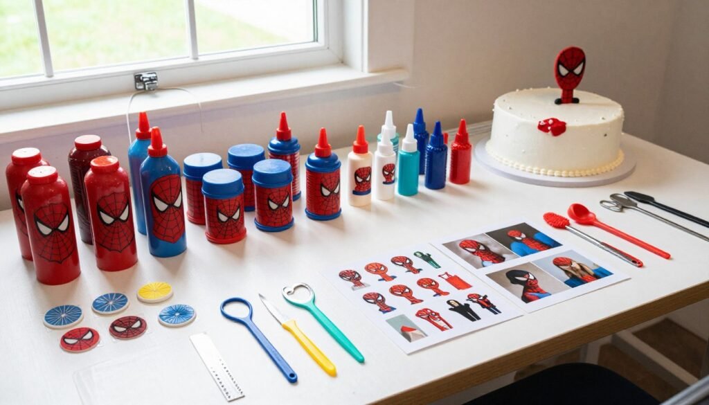 organized cake decorating workspace with spiderman themed supplies organized cake decorating workspace with spiderman themed supplies