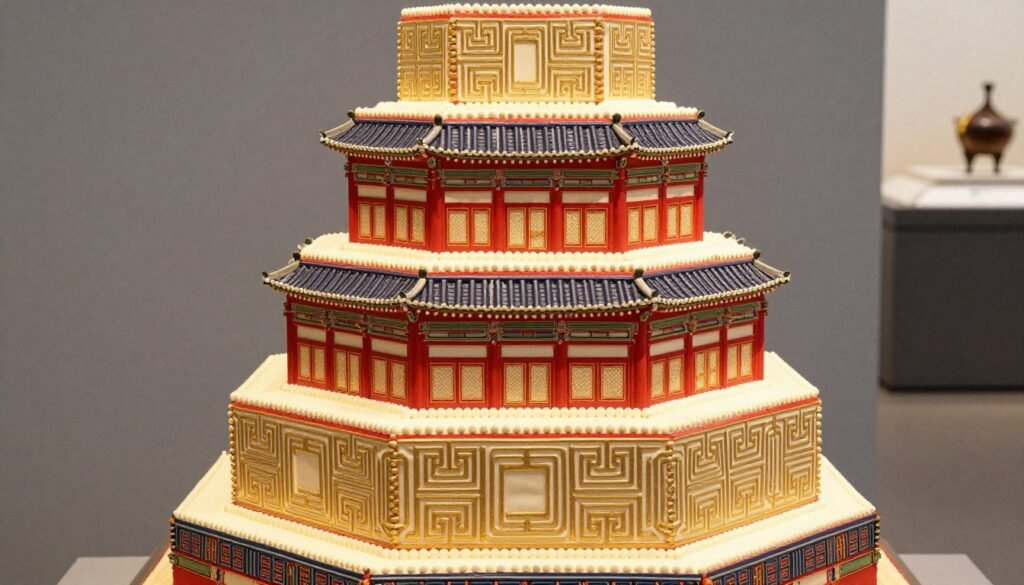 ornate aesthetic cake designs korean red featuring traditional dancheong patterns
