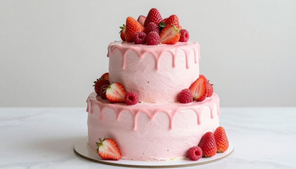 party cake with strawberry drip and fresh berries party cake with strawberry drip and fresh berries