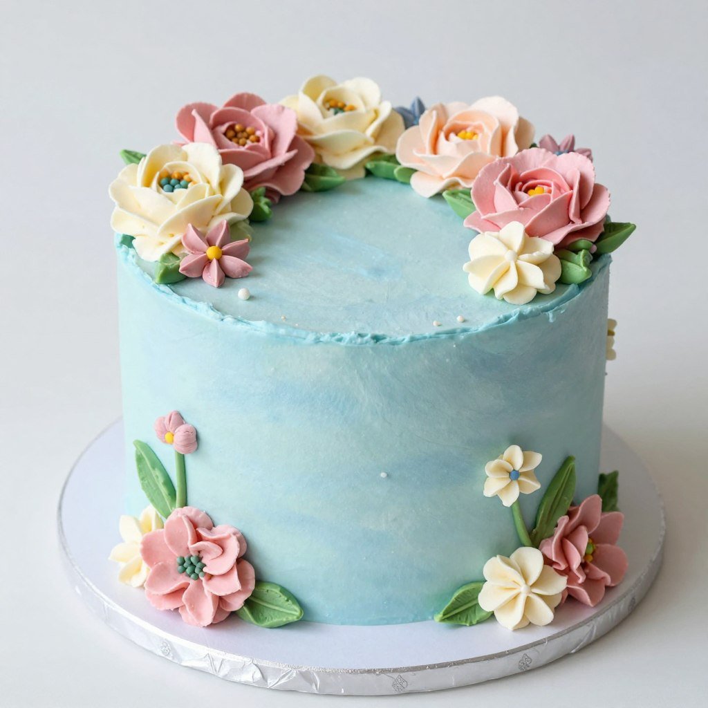 pastel blue cake with mixed buttercream flowers pastel blue cake with mixed buttercream flowers