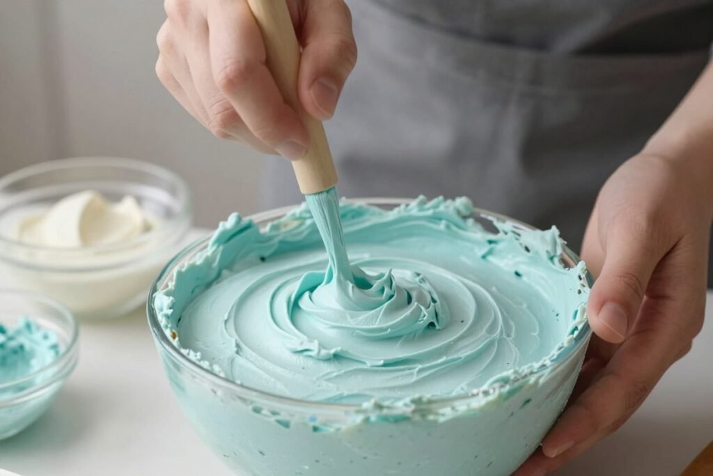 pastel blue frosting being mixed showing color development pastel blue frosting being mixed showing color development