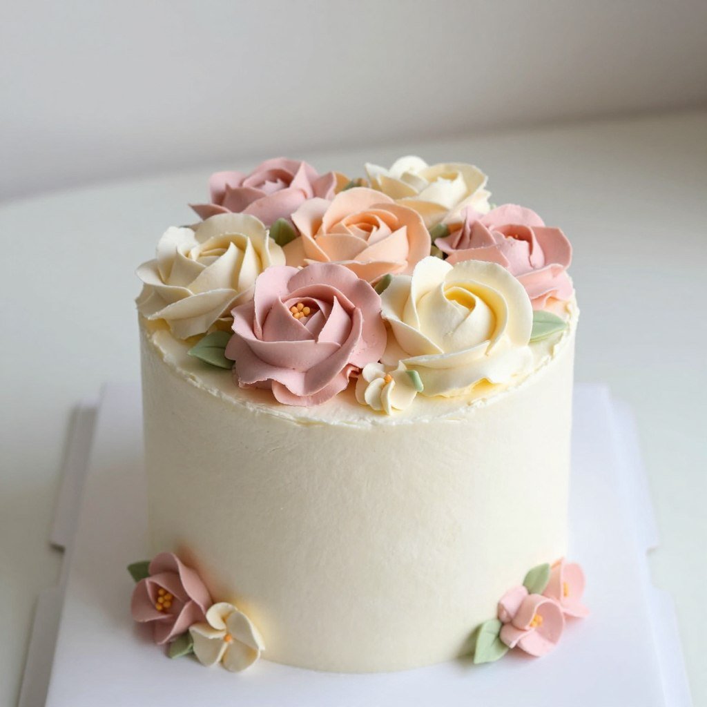 pastel flower arrangement on single tier cake