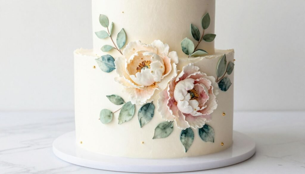 pastel watercolor birthday cake with painted peonies and greenery
