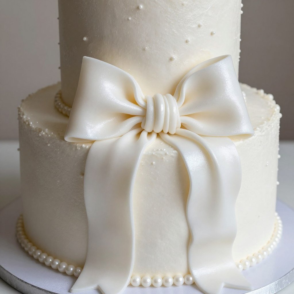 pearl white cake with shimmering coquette decorations and lustrous finish pearl white cake with shimmering coquette decorations and lustrous finish