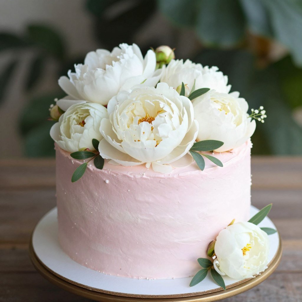 peony topped birthday cake