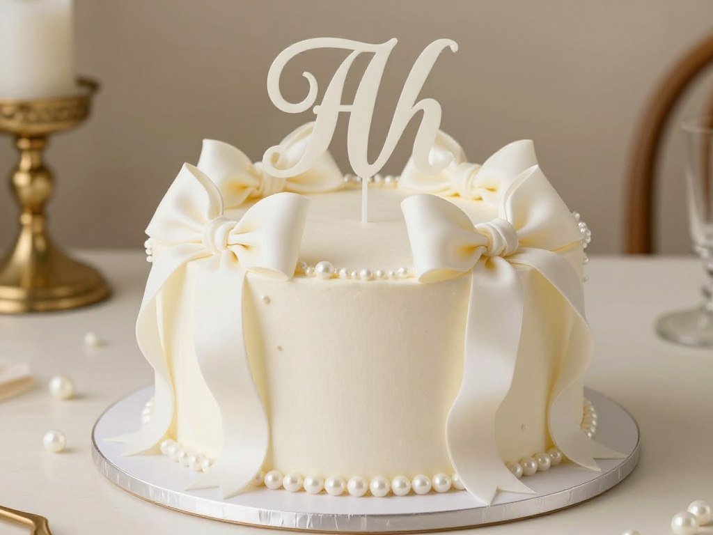personalized white coquette birthday cake with custom monogram and bow details personalized white coquette birthday cake with custom monogram and bow details
