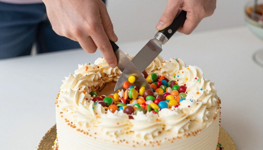 pinata birthday cake with candy filling revealed when cut