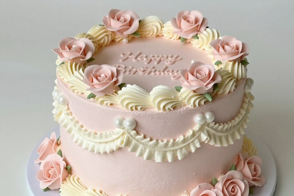 pink and cream vintage birthday cake