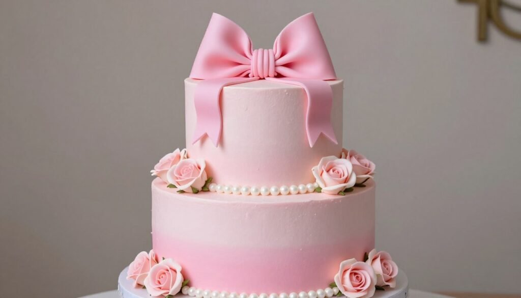 pink bow cake with buttercream roses