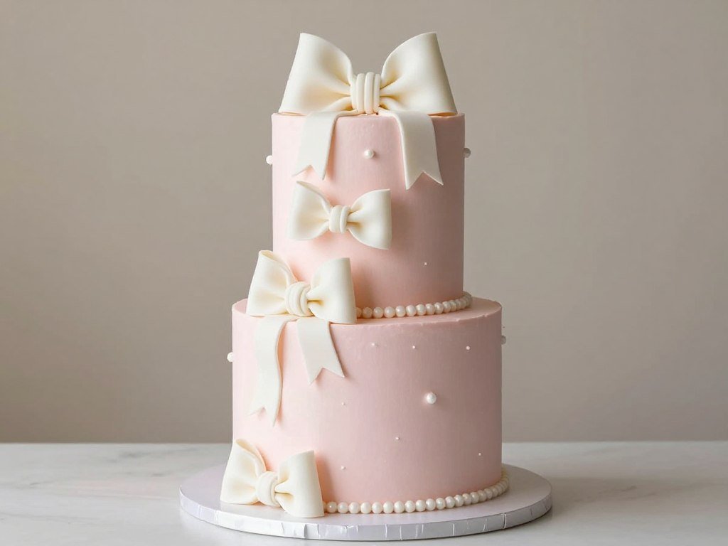pink cake with cascading bow decorations