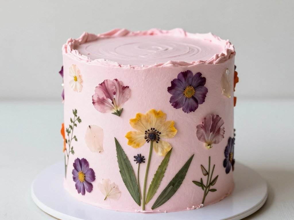 pink cake with pressed flower decoration pink cake with pressed flower decoration