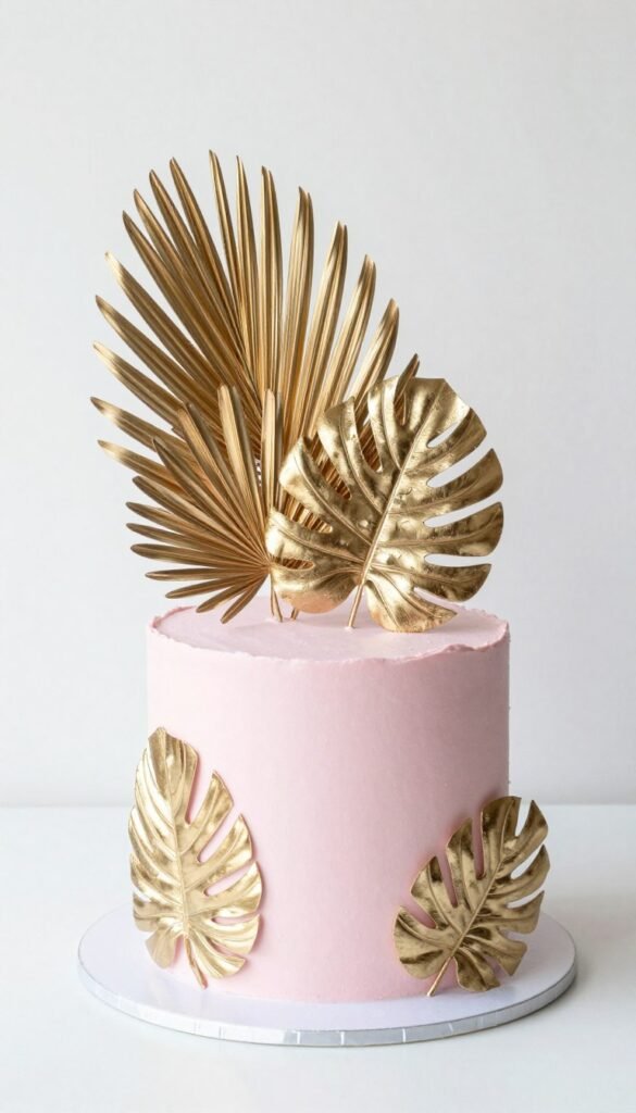 pink fondant cake with gold tropical palm leaves pink fondant cake with gold tropical palm leaves