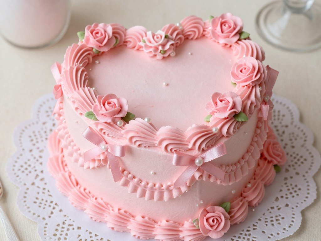 pink heart shaped cake with vintage coquette decorations and buttercream roses