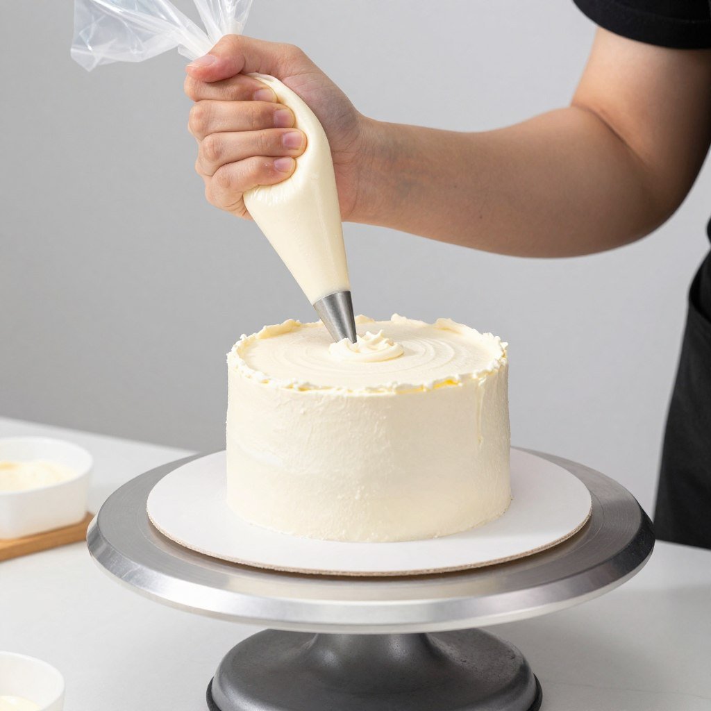 piping bag applying frosting to simple birthday cake