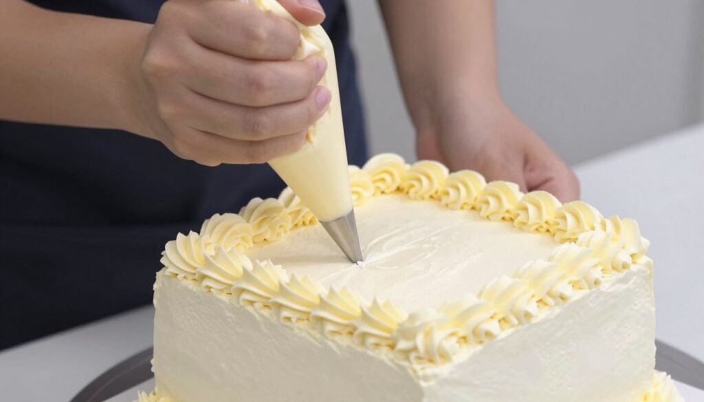piping bag creating decorative border on square birthday cake piping bag creating decorative border on square birthday cake