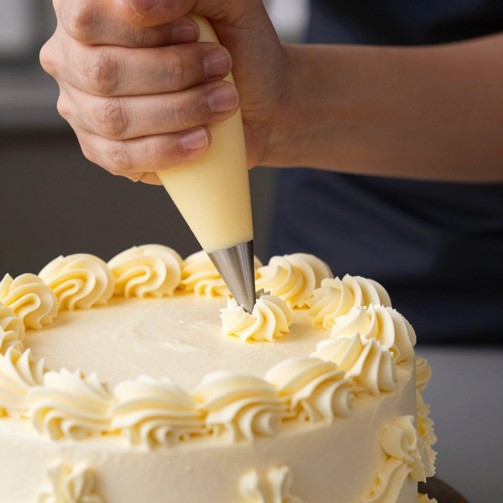 piping buttercream rosettes on vintage cake