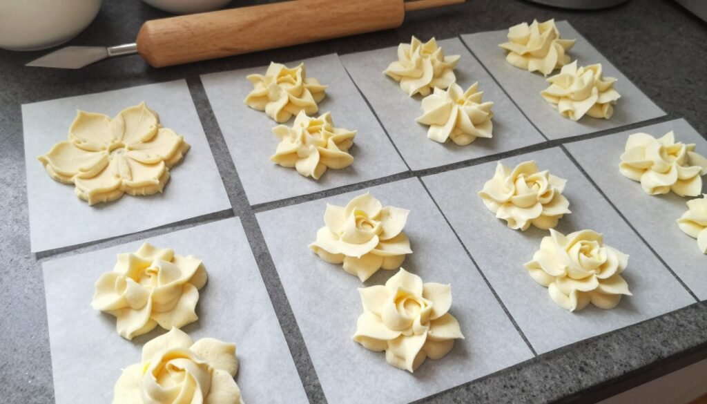 practice buttercream flowers on parchment