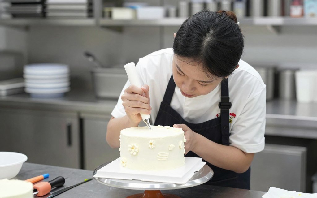 professional baker creating floral cake