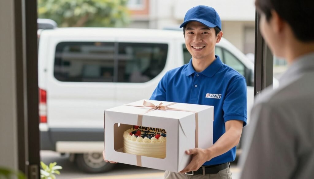 professional bakery delivery person carefully transporting anime birthday cake professional bakery delivery person carefully transporting anime birthday cake