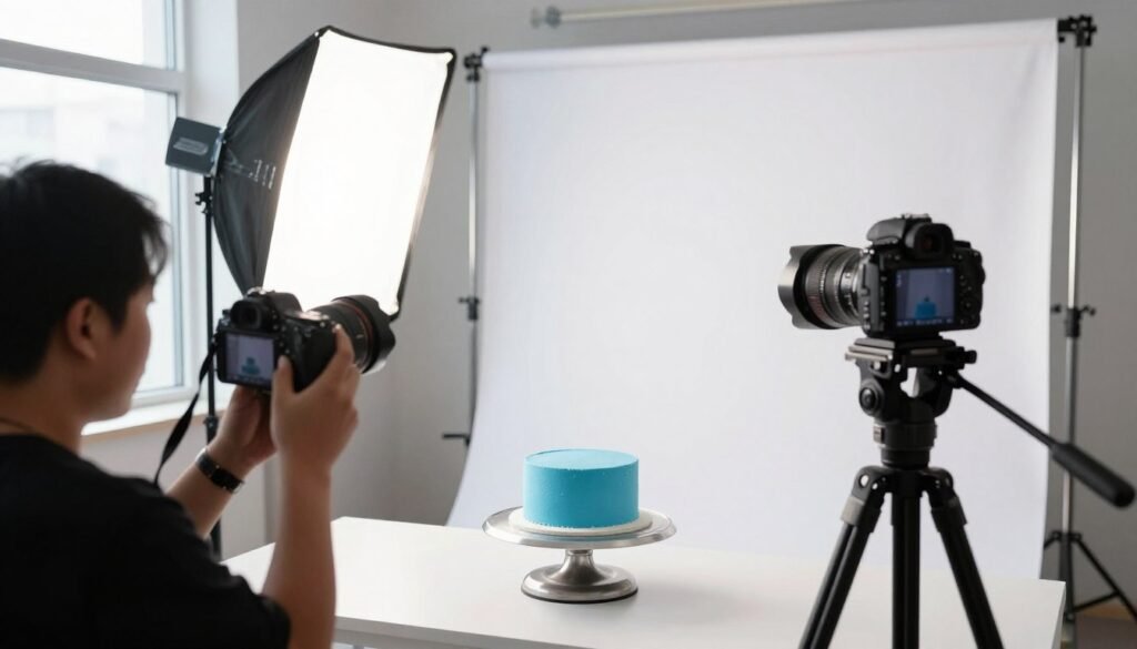 professional photography setup for blue korean cake with natural lighting professional photography setup for blue korean cake with natural lighting