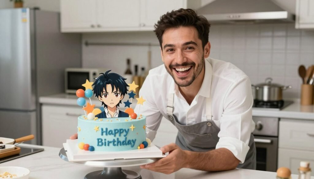 proud baker presenting finished anime birthday cake masterpiece proud baker presenting finished anime birthday cake masterpiece