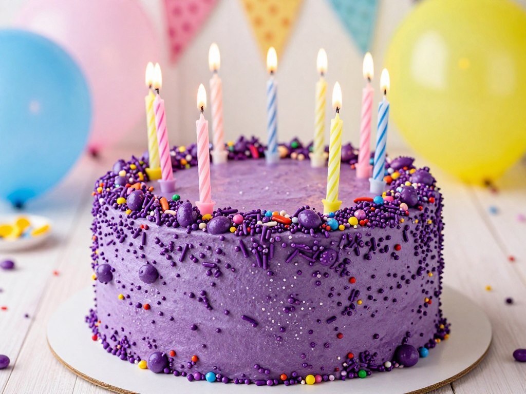 purple birthday cake covered in sprinkles aesthetic