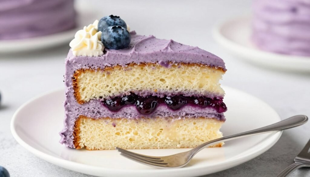 purple birthday cake slice showing layers