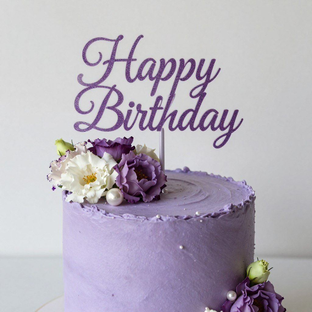 purple birthday cake with custom name topper