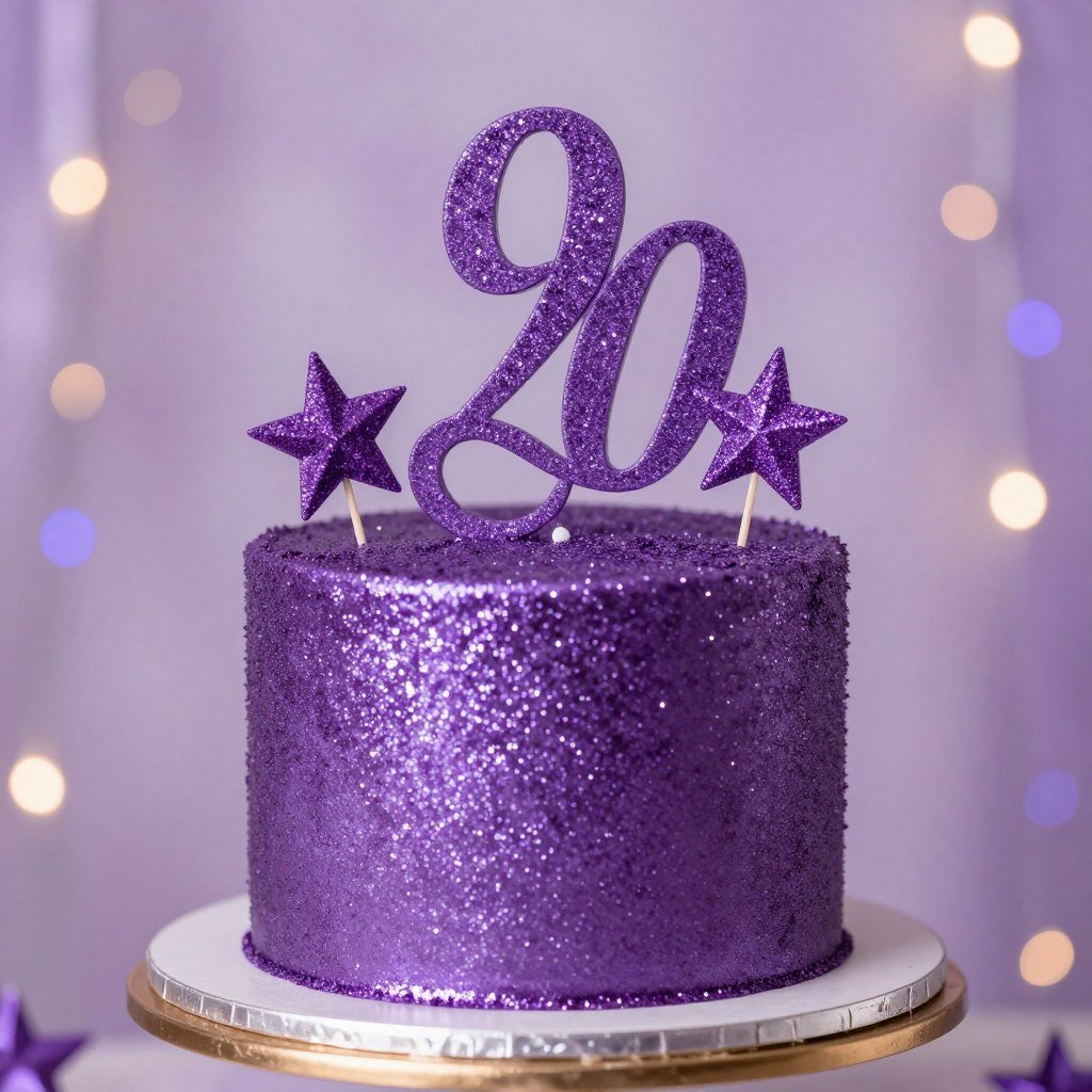 purple birthday cake with edible glitter aesthetic