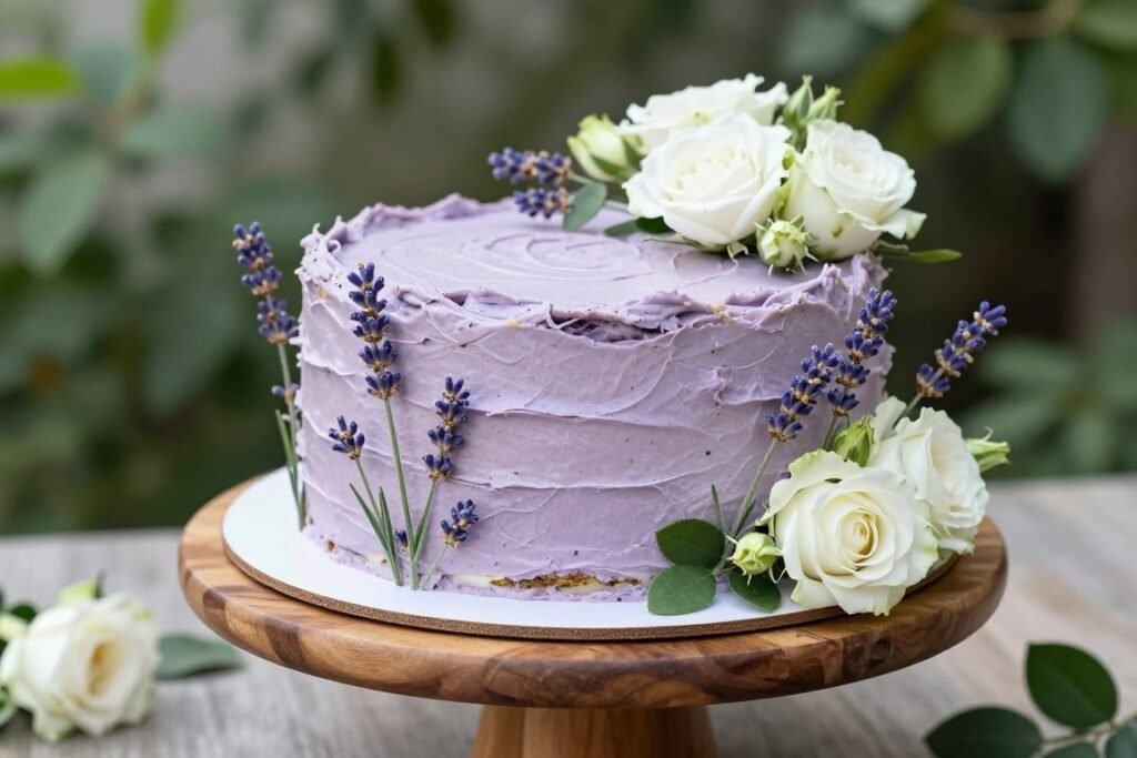 purple birthday cake with fresh lavender flowers
