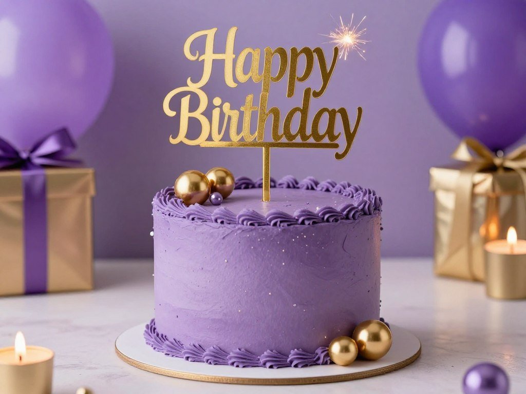 purple birthday cake with happy birthday topper