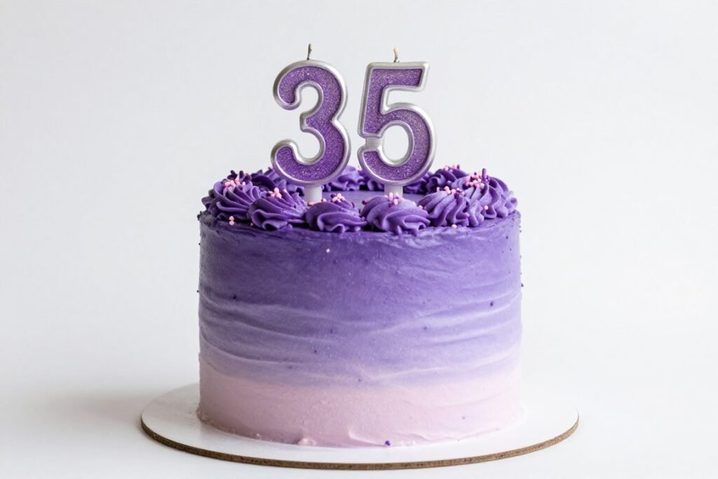 purple birthday cake with ombre frosting and sprinkles