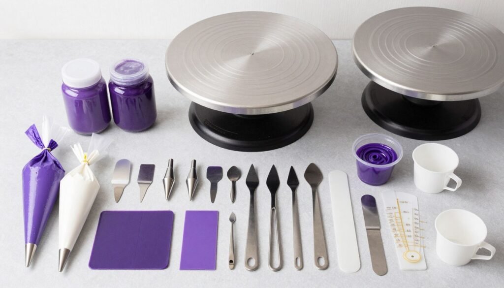 purple cake decorating supplies spread