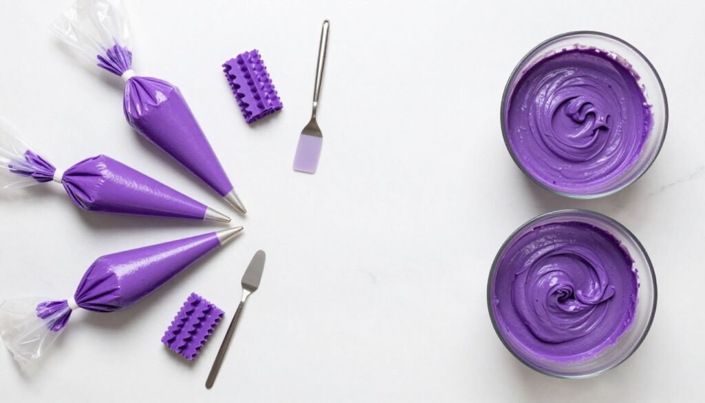 purple cake decorating tools and ingredients