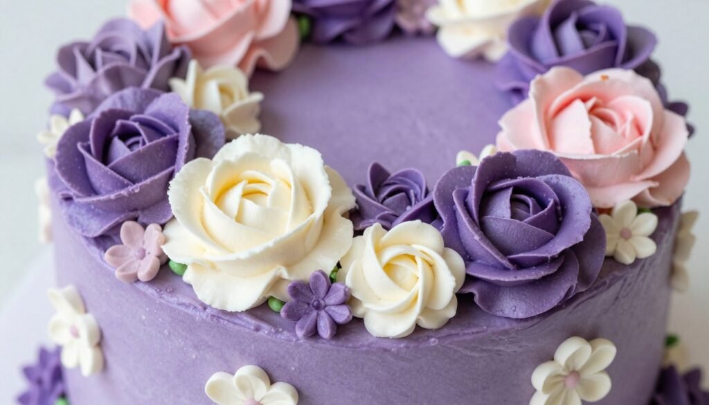 purple cake with buttercream flowers aesthetic design