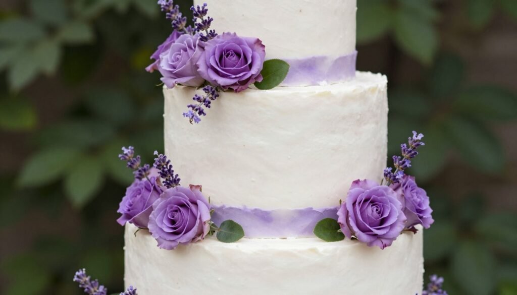 purple cake with cascading flowers between tiers