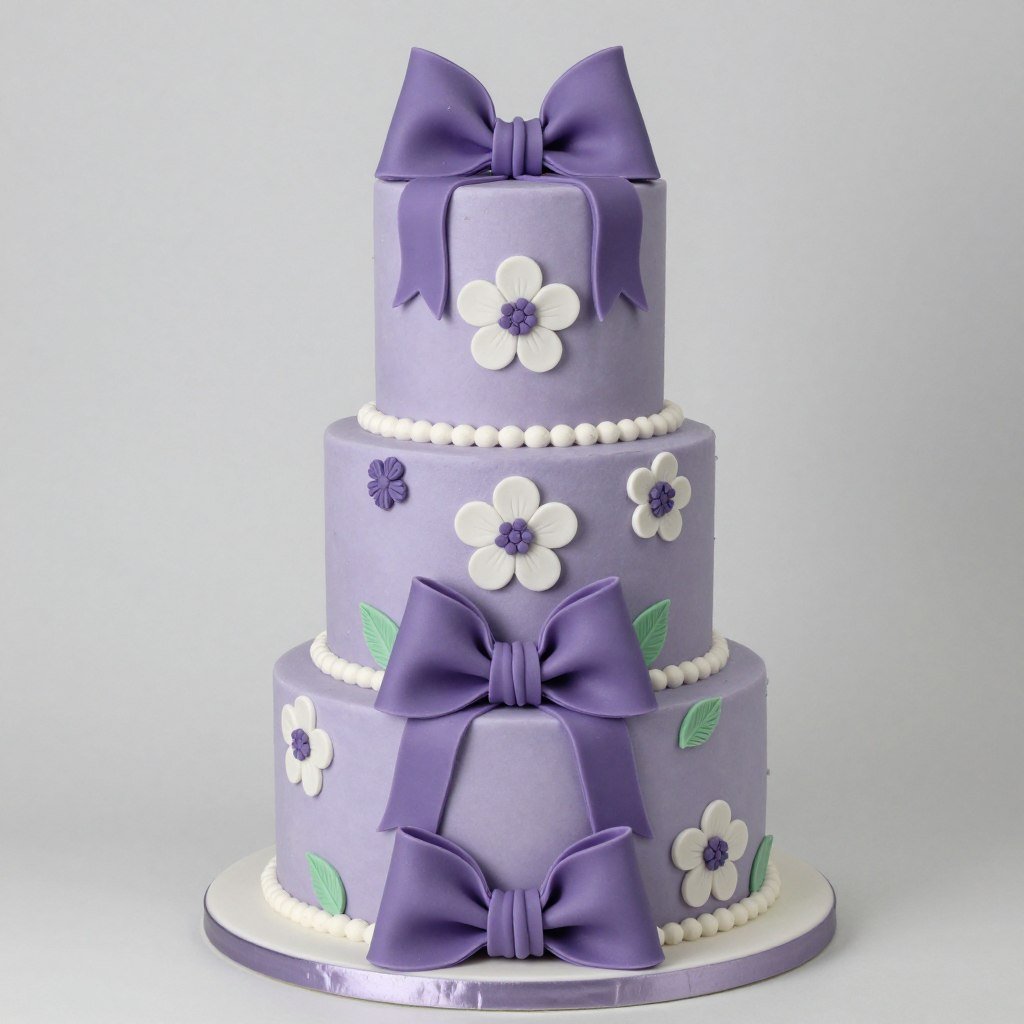 purple cake with fondant decorations