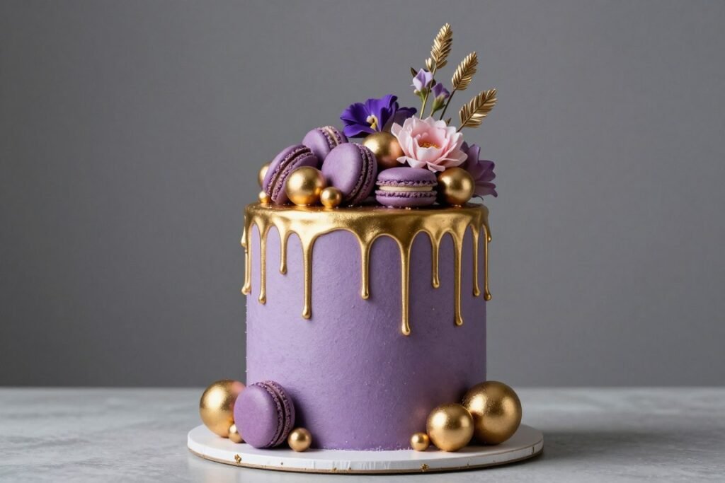purple cake with gold drip aesthetic design