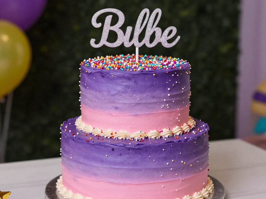 purple cake with pink ombre and sprinkles
