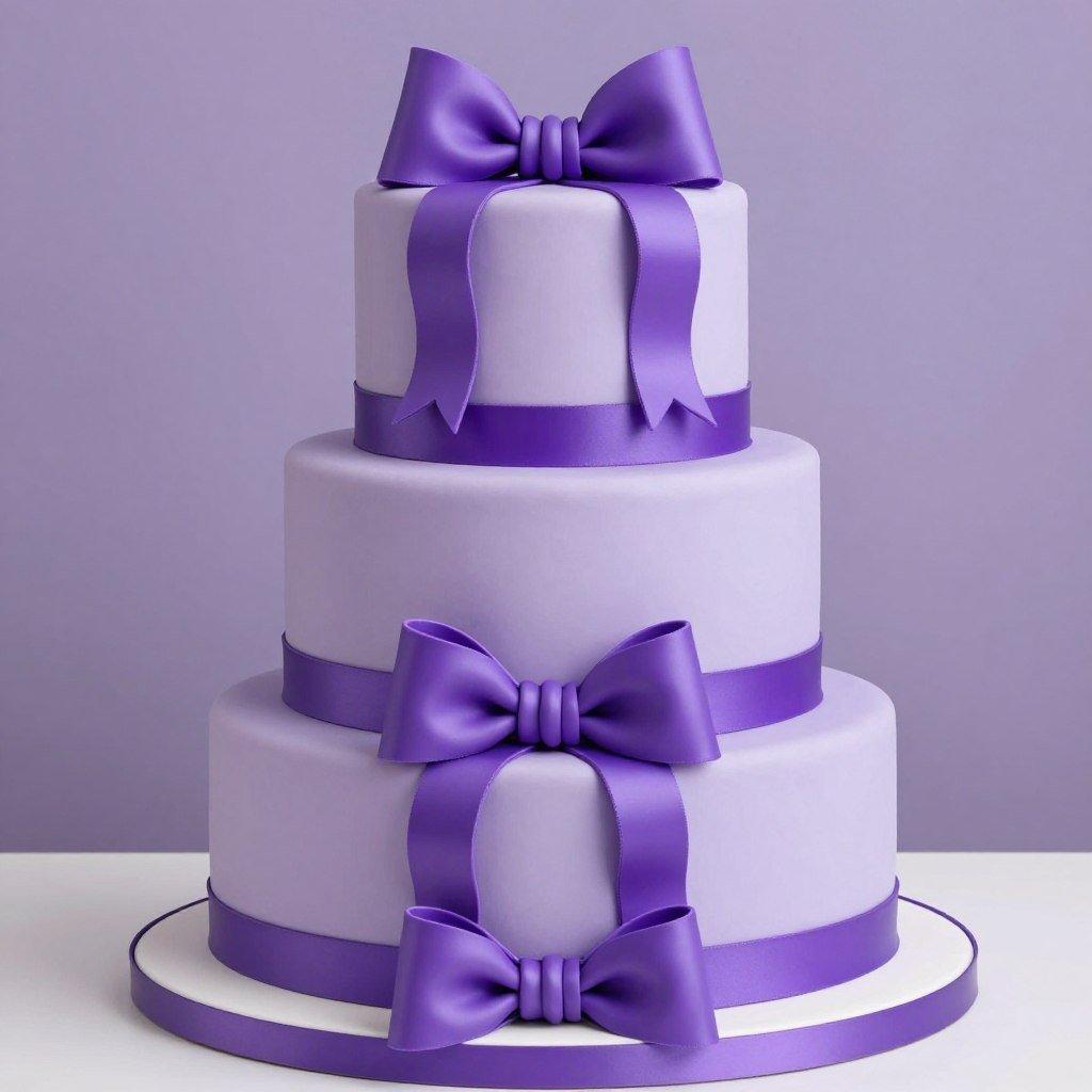 purple cake with ribbon between tiers