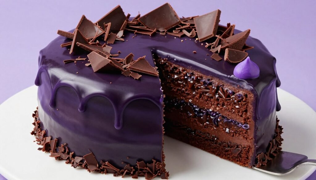 purple chocolate birthday cake with ganache