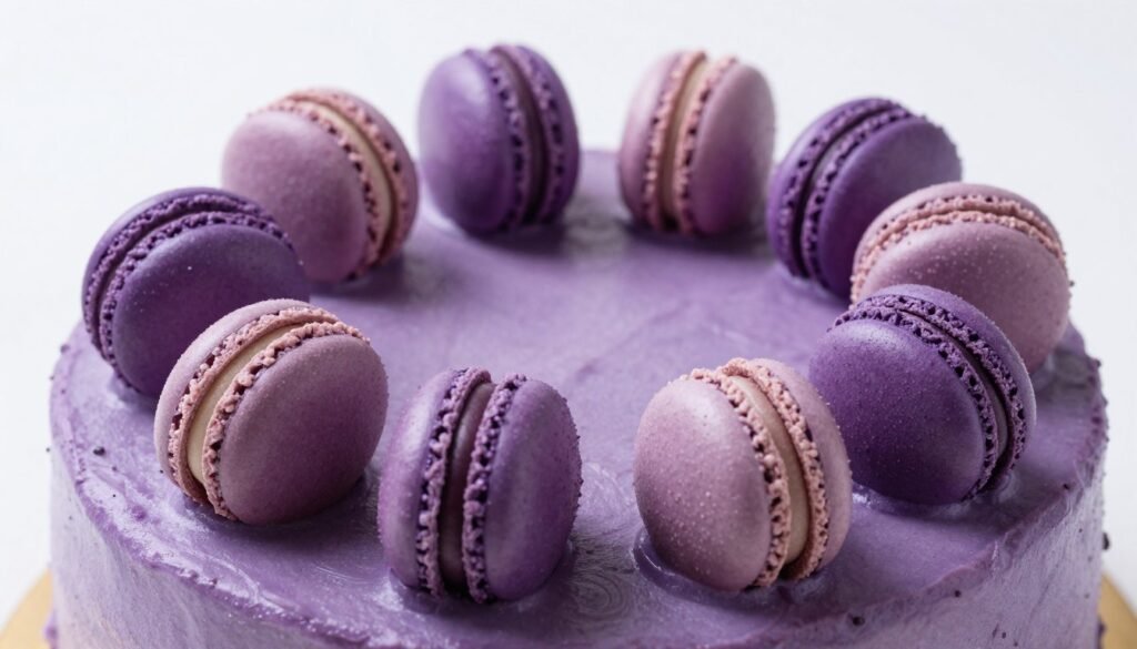 purple macarons on birthday cake