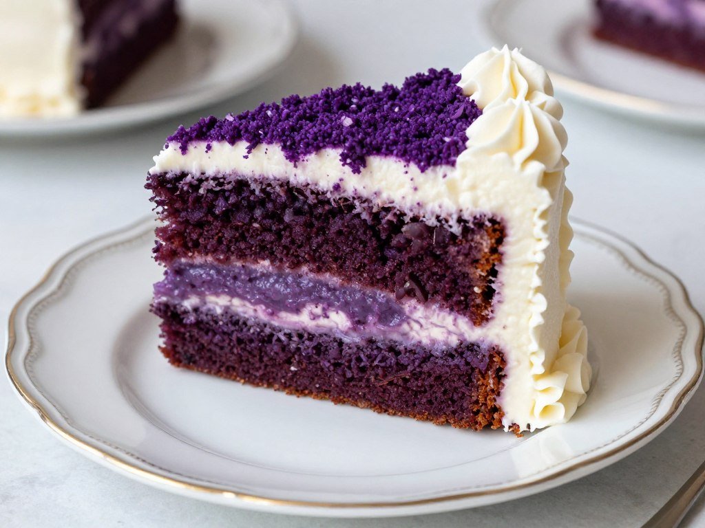 purple velvet birthday cake slice