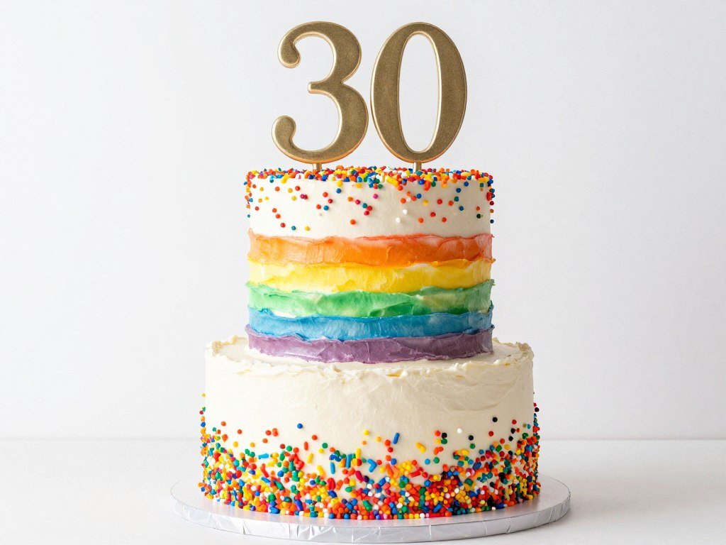 rainbow layer birthday cake with colorful frosting and sprinkles
